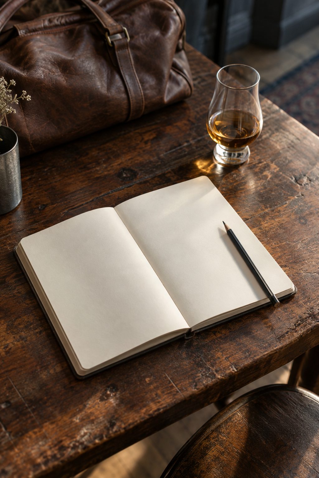 An open blank notebook and pencil beside a whiskey glass and travel bag