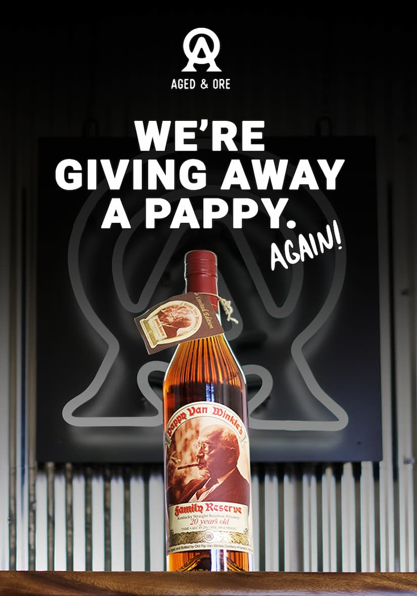 Aged & Ore’s Pappy giveaway announcement featuring the prize bottle