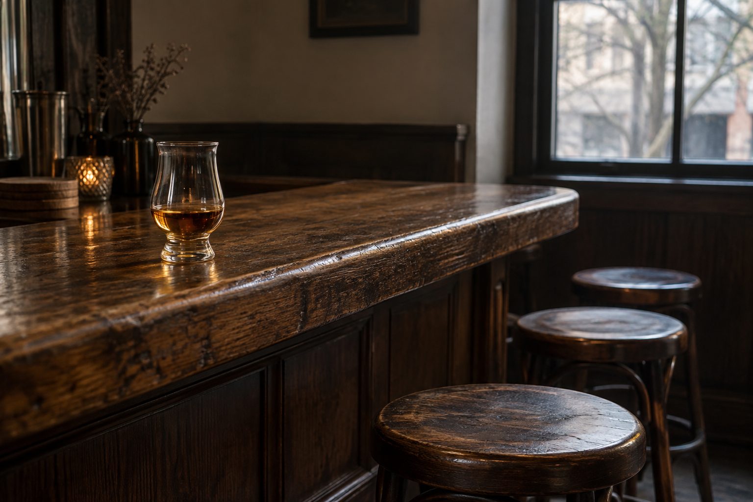 AI illustration: A glass of whisky on a wooden counter beside empty bar stools