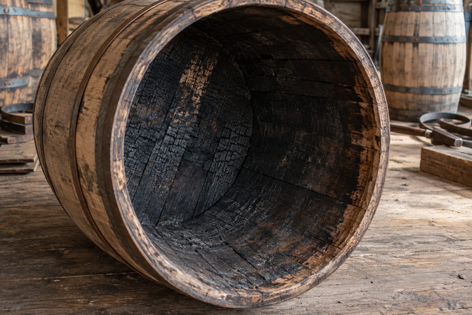 AI illustration: Close view of the charred wooden interior of an open oak barrel