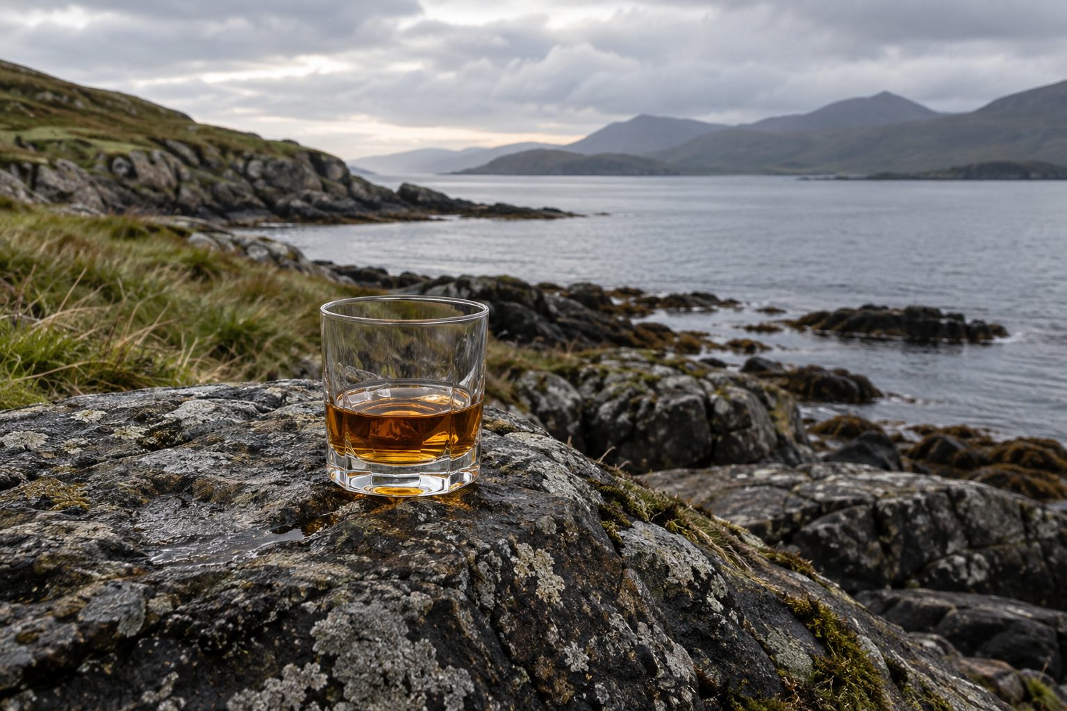 AI illustration: A glass of whisky on rock beside a grey northern shoreline