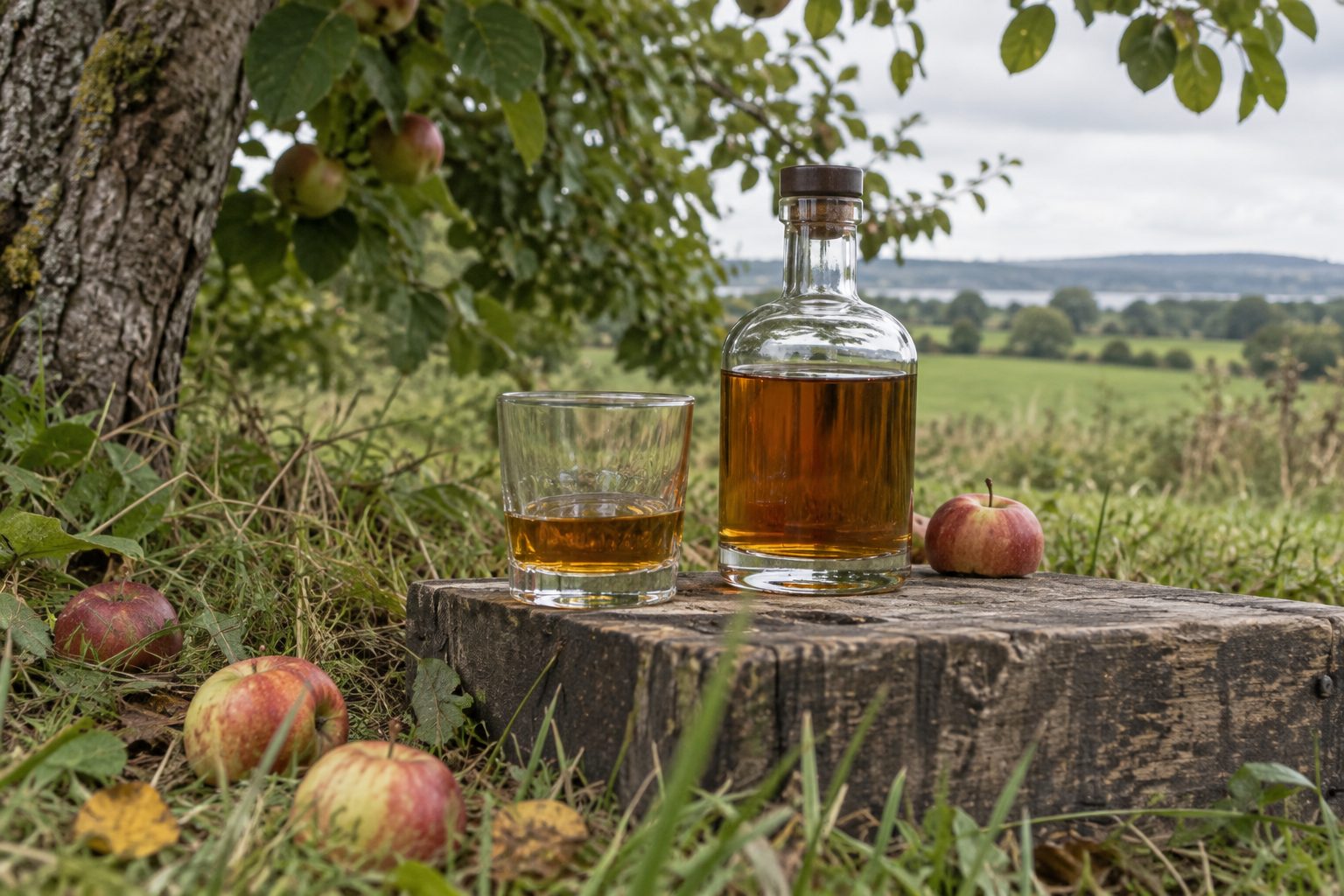 AI illustration: A plain bottle and glass beneath an apple tree in an orchard
