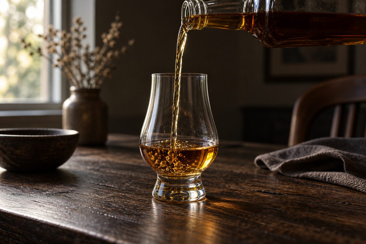 AI illustration: Amber whisky pouring from a plain bottle into a tulip glass