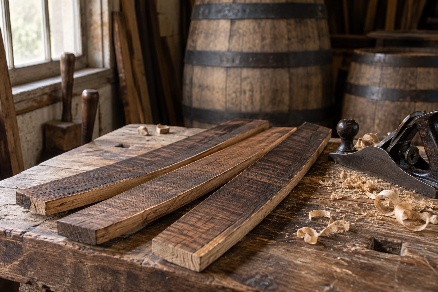 AI illustration: Toasted oak staves on a cooperage workbench