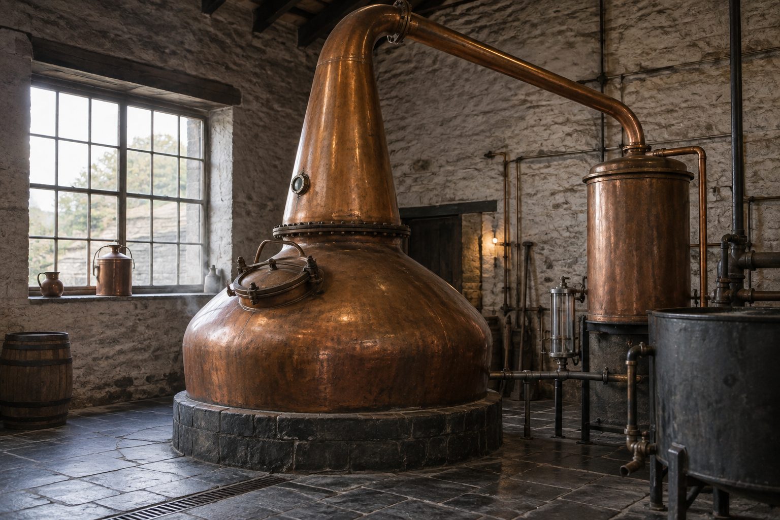 AI illustration: A copper pot still and condenser in a stone-walled stillhouse