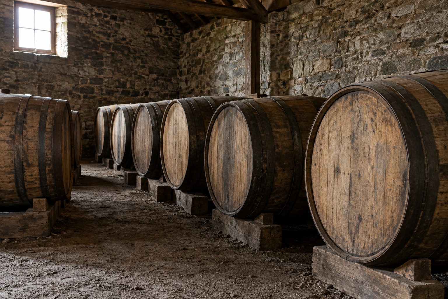 AI illustration: Oak casks resting on supports in a stone warehouse