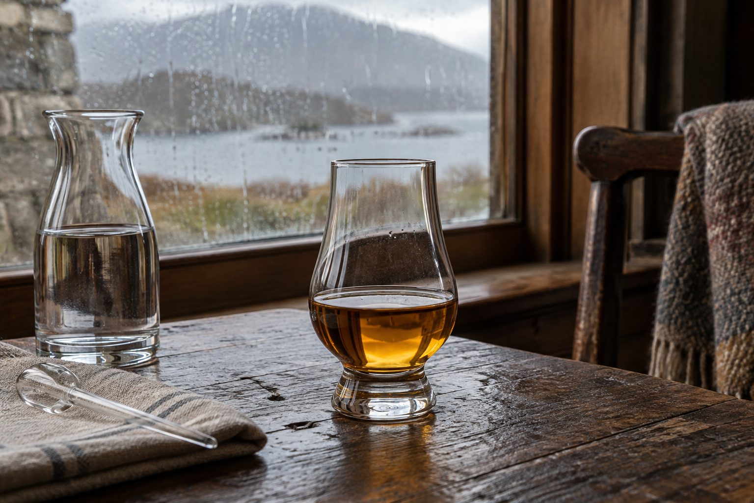 AI illustration: A tulip glass of whisky beside a water carafe and pipette