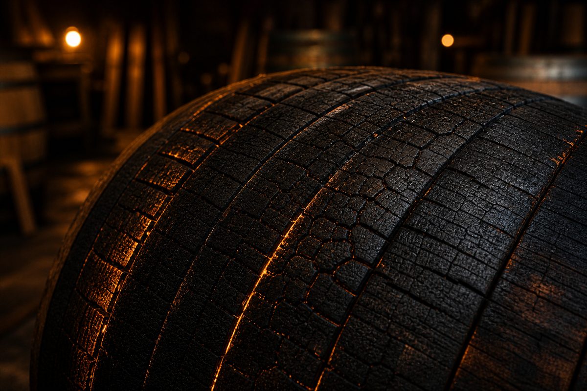 The charred interior of a new American oak barrel
