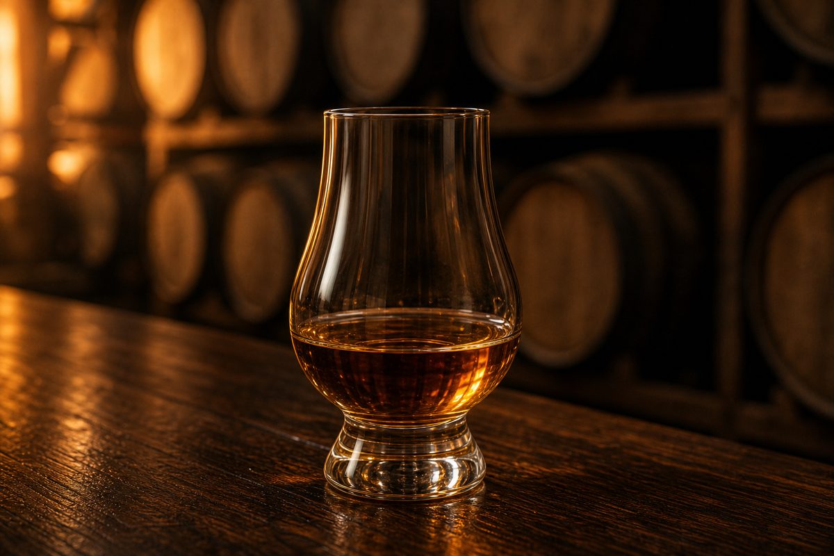 A neat pour of Elijah Craig 18 in a Glencairn glass