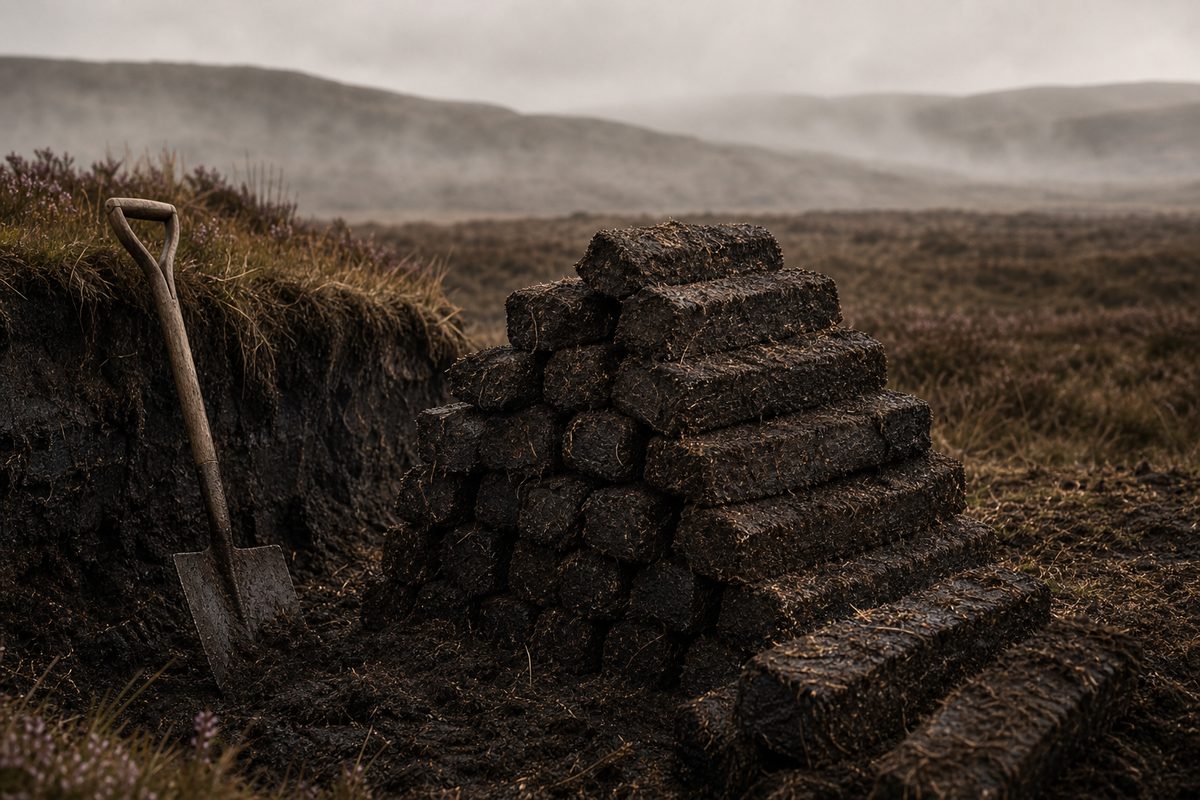 Cut peat drying on Islay, fuel for Lagavulin's smoke