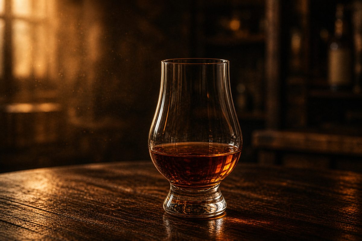 A neat pour of Michter's 10 Year Rye in a Glencairn glass