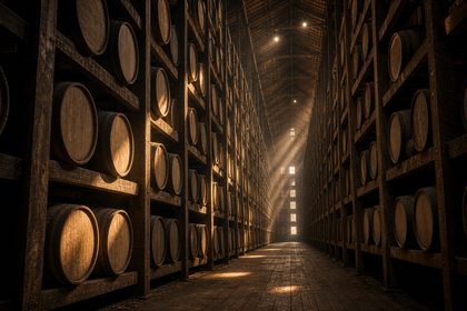 Barrels stacked in a whiskey warehouse