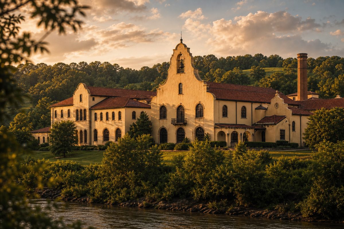 The 1910 Spanish Mission–style Four Roses distillery near Lawrenceburg, Kentucky
