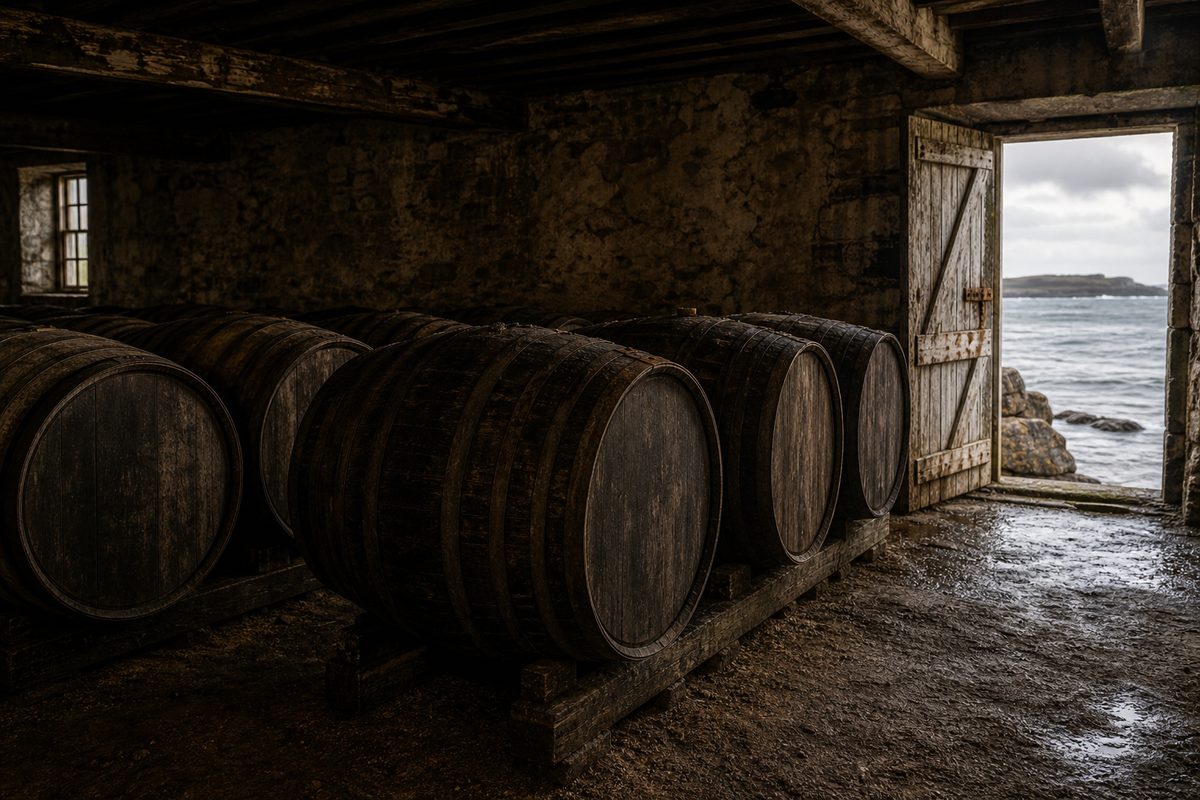 Casks resting in a Lagavulin warehouse beside the Atlantic