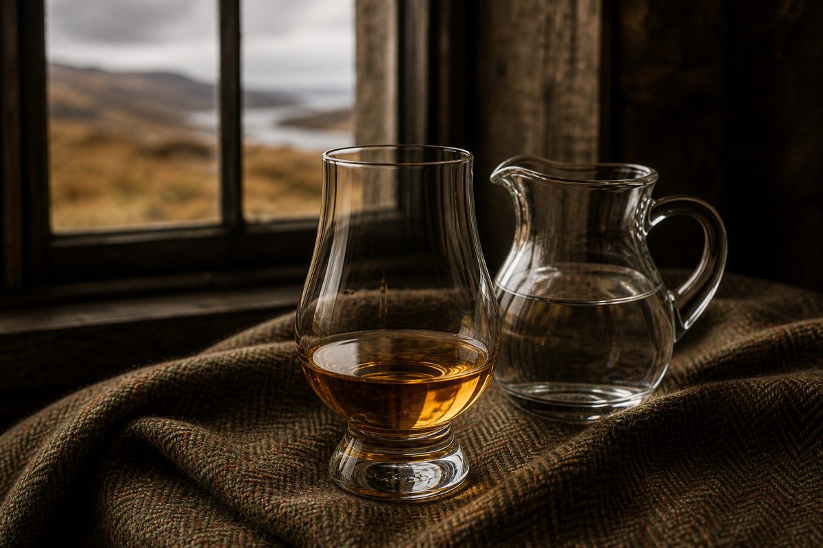 A dram of Scotch whisky being poured into a tasting glass