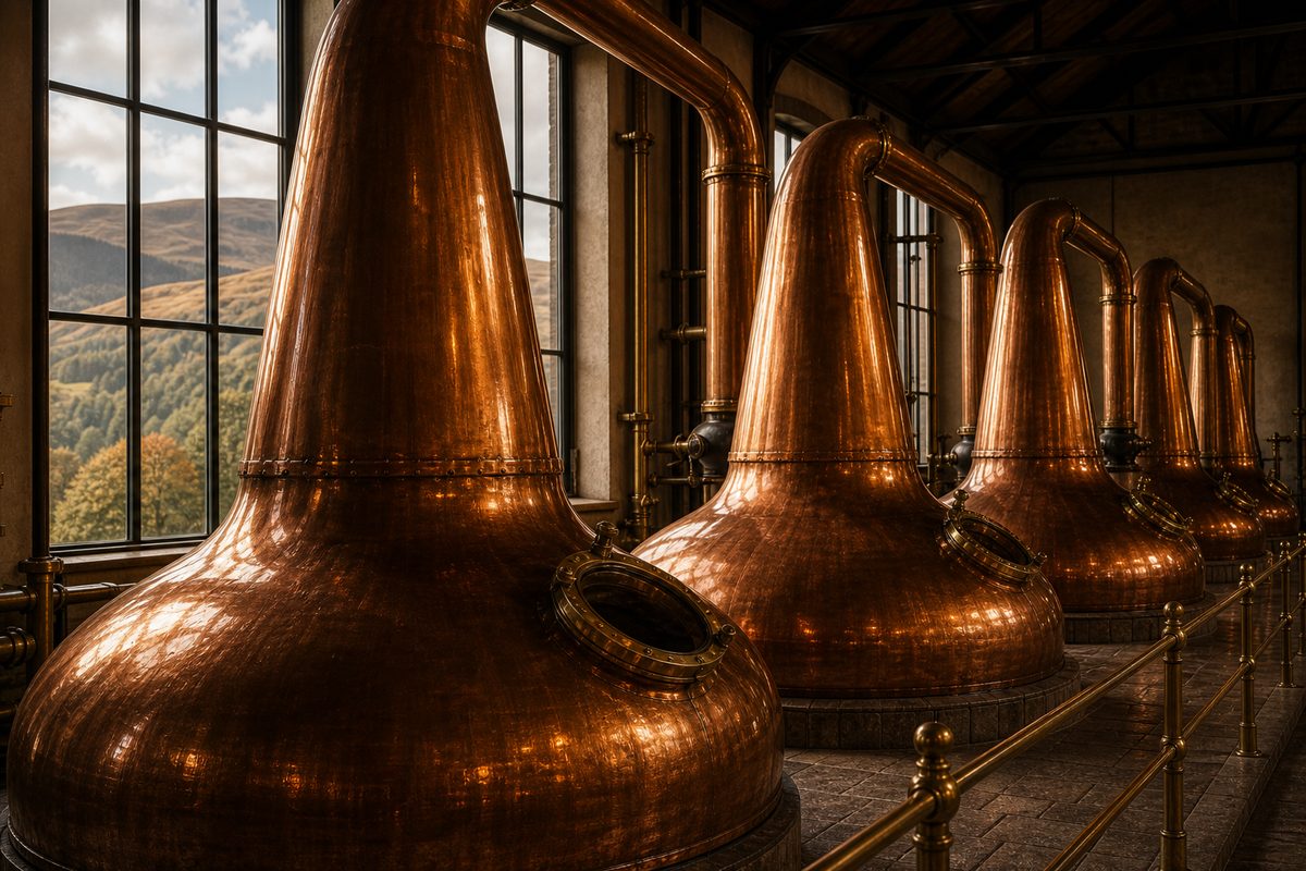 Copper pot stills in a Scotch whisky stillhouse
