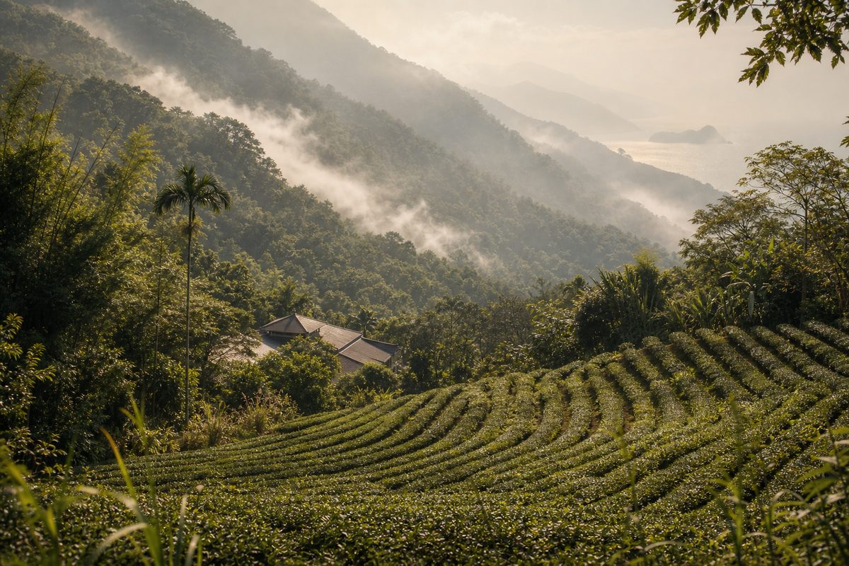 Subtropical Taiwanese landscape of green foothills and paddies