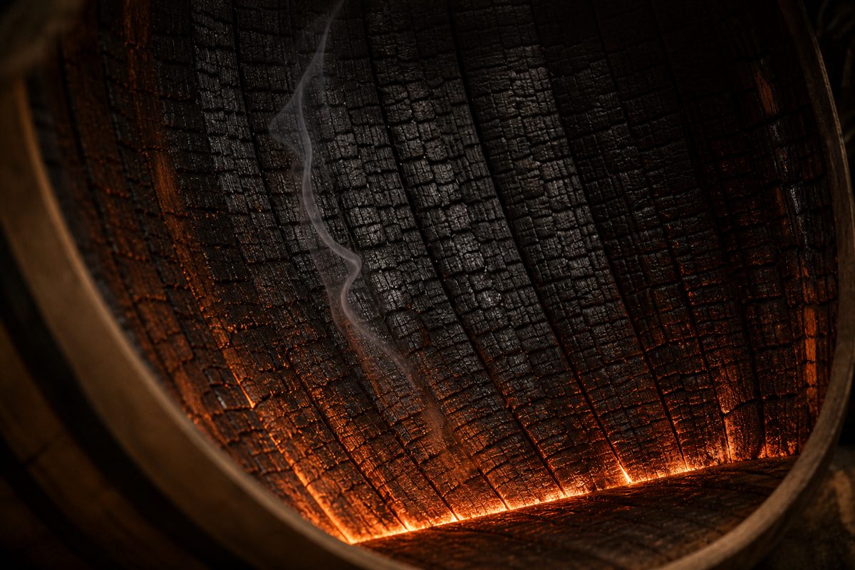 Char layer inside a new charred American oak bourbon barrel