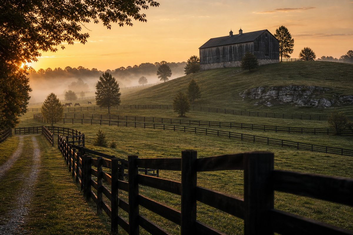 Kentucky bourbon country landscape of rolling fields and rickhouses