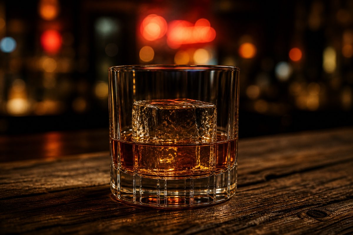 A pour of American whiskey in a tasting glass