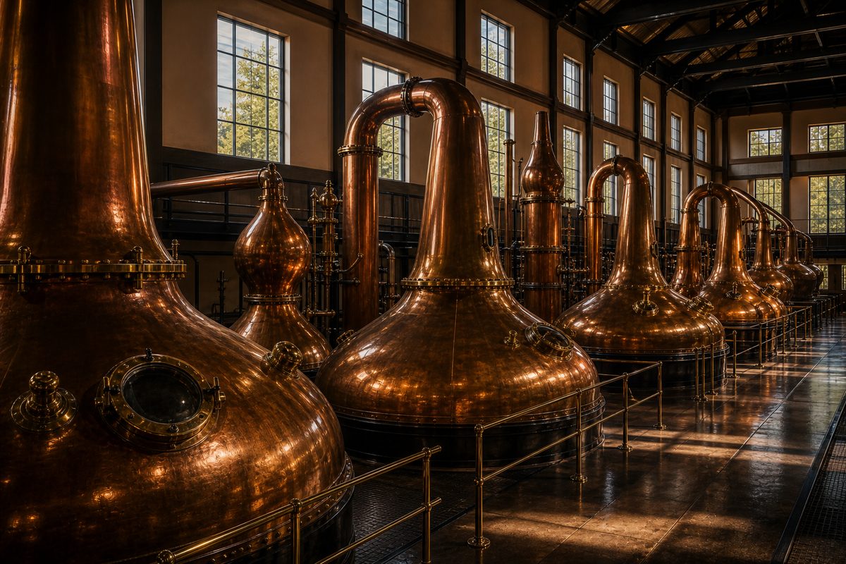 Varied copper pot stills in the Yamazaki stillhouse