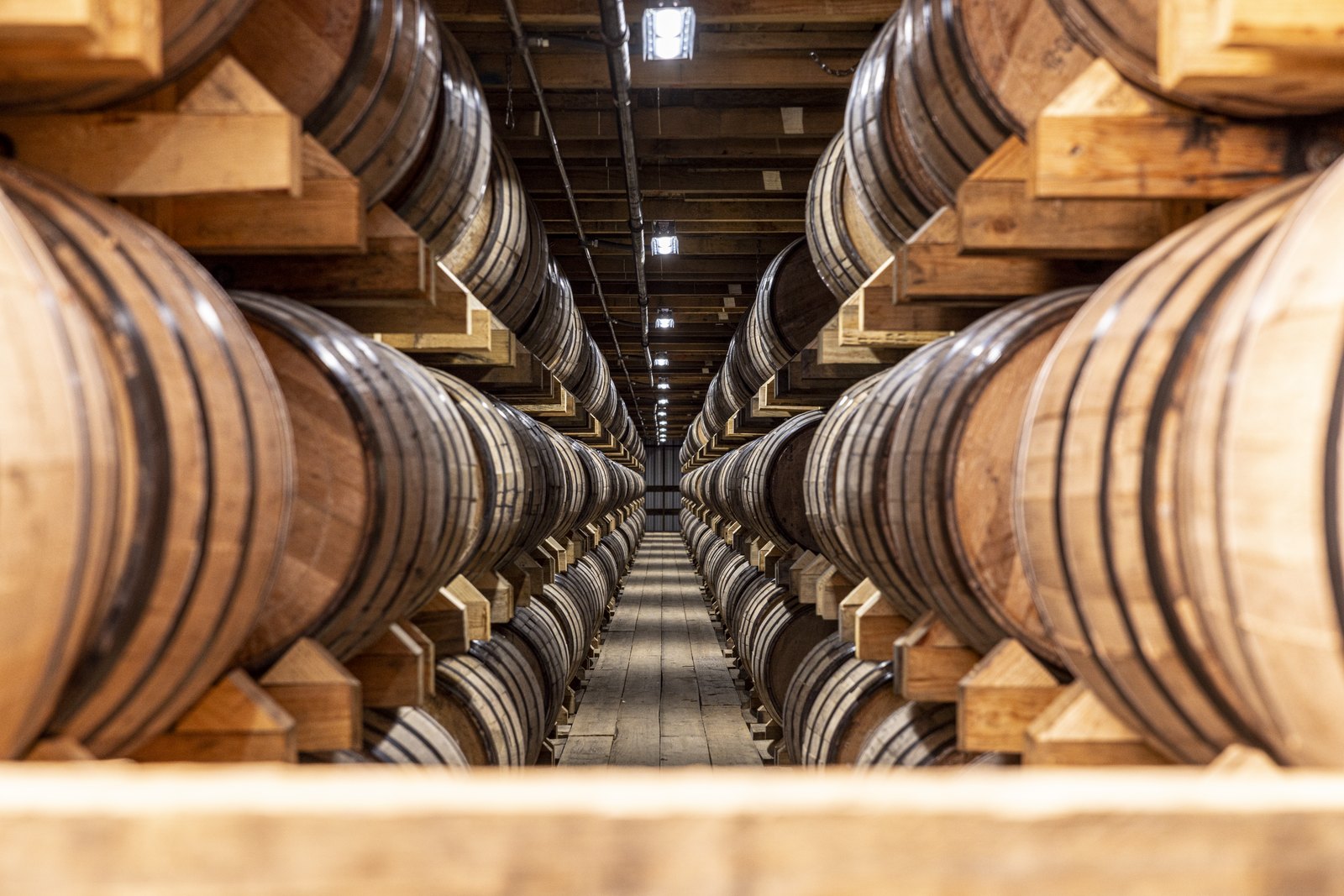 Rows of barrels in a Four Roses warehouse