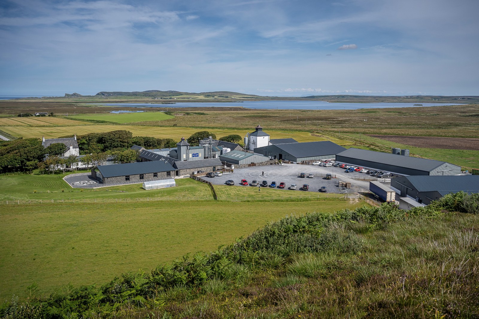 Kilchoman Distillery buildings and surrounding fields on Islay