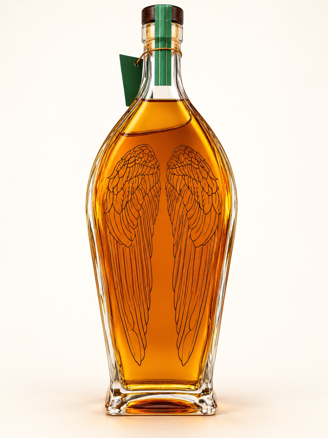 AI-retouched rear view of the Angel’s Envy rye bottle showing its wing decoration