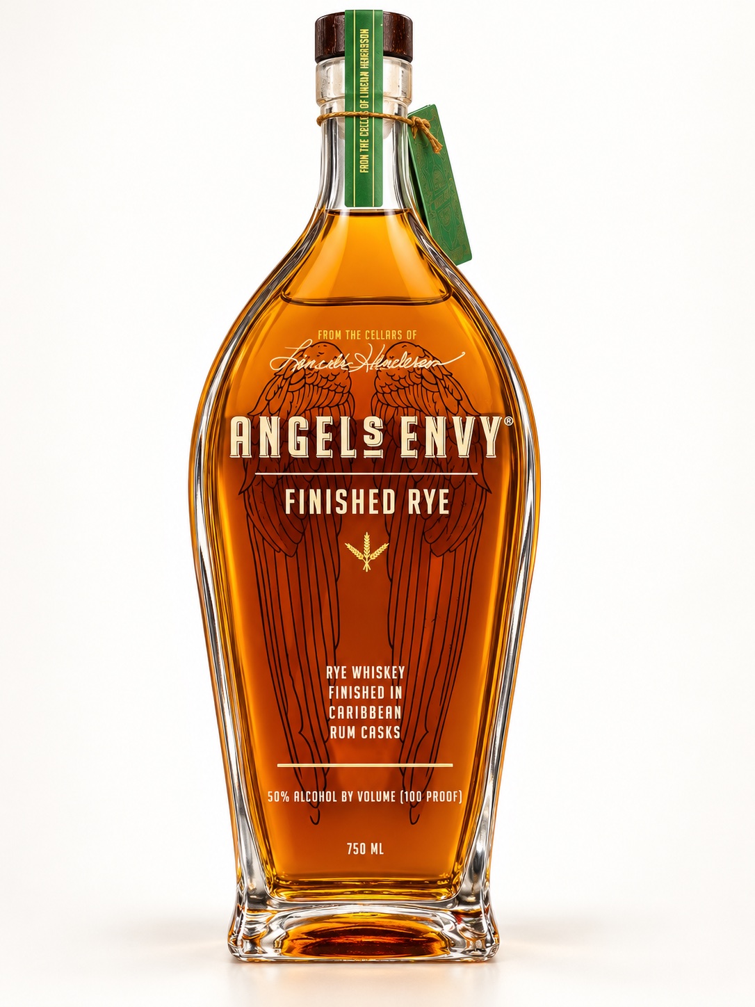 AI-retouched front view of Angel’s Envy Finished Rye, 100 proof, finished in Caribbean rum casks