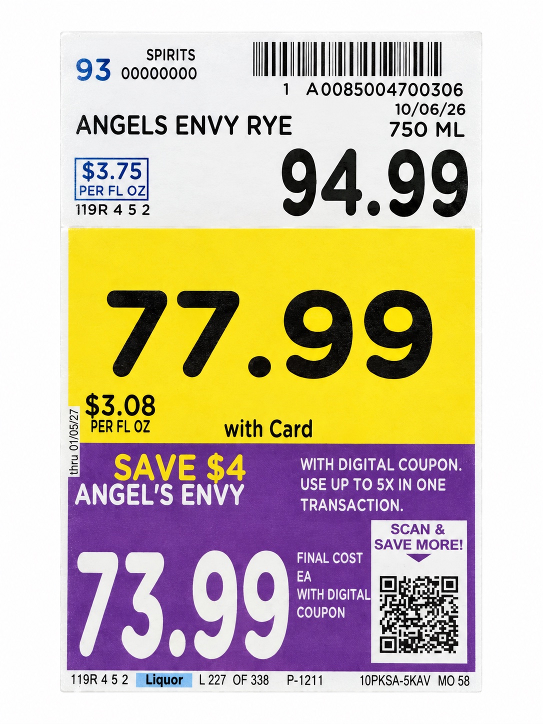 AI-retouched Angel’s Envy Rye shelf tag showing 94.99, 77.99 with card and 73.99 with a digital coupon