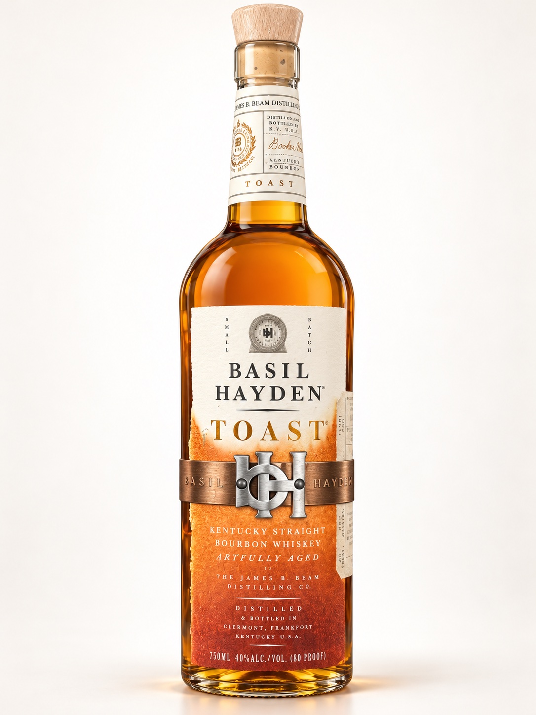 AI-retouched front view of Basil Hayden Toast Kentucky Straight Bourbon Whiskey, 80 proof, 750 ml