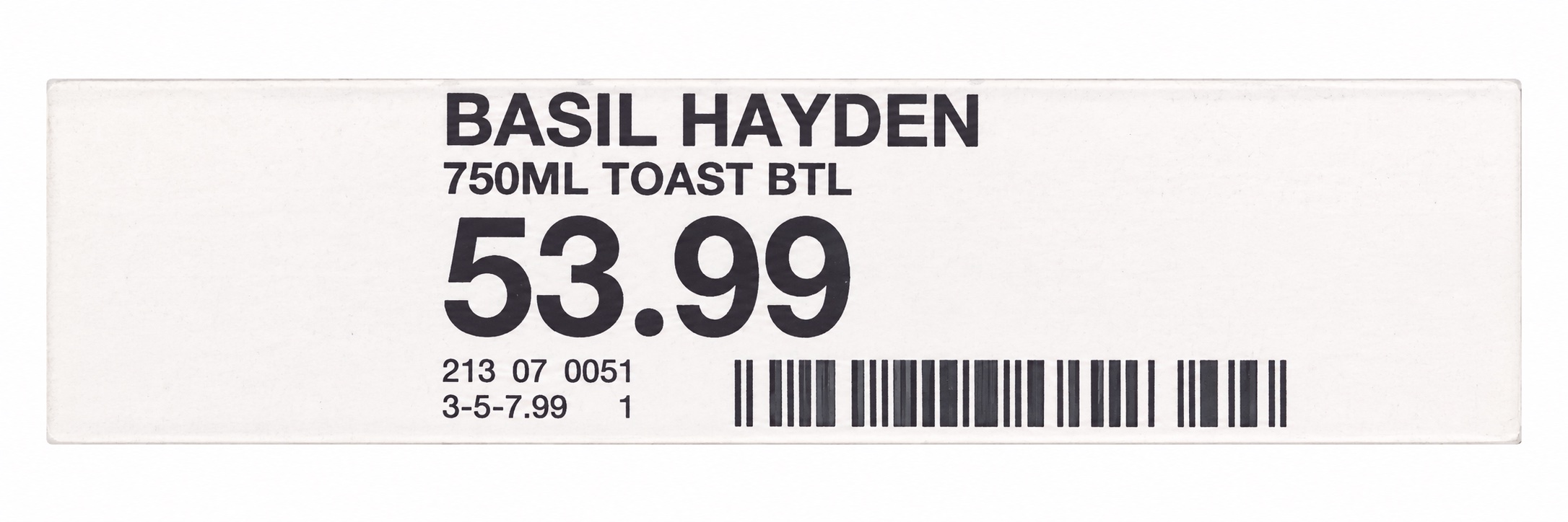 AI-retouched Basil Hayden Toast 750 ml shelf label displaying a price of 53.99 dollars