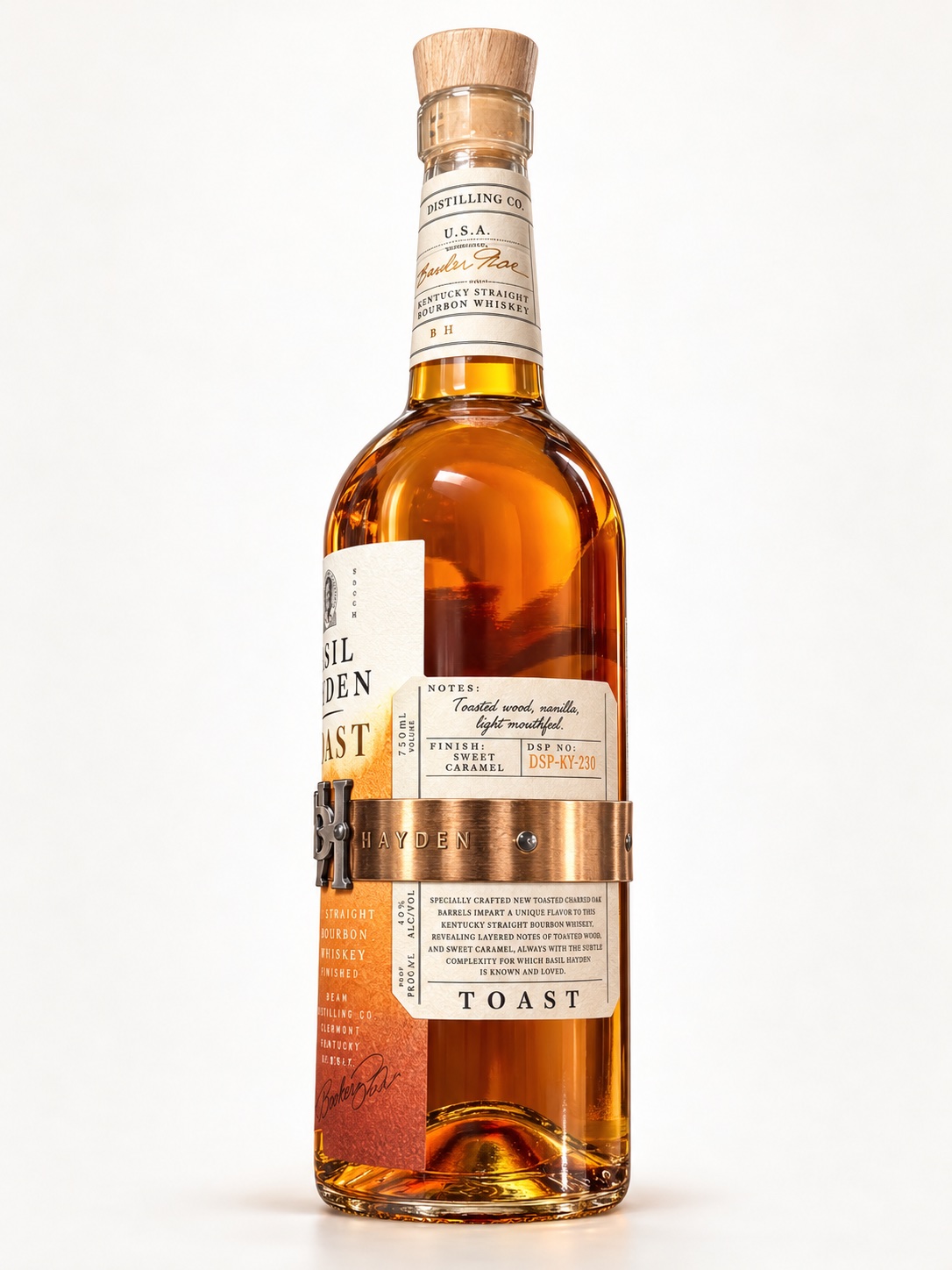 AI-retouched side view of Basil Hayden Toast with its printed flavor and finish notes