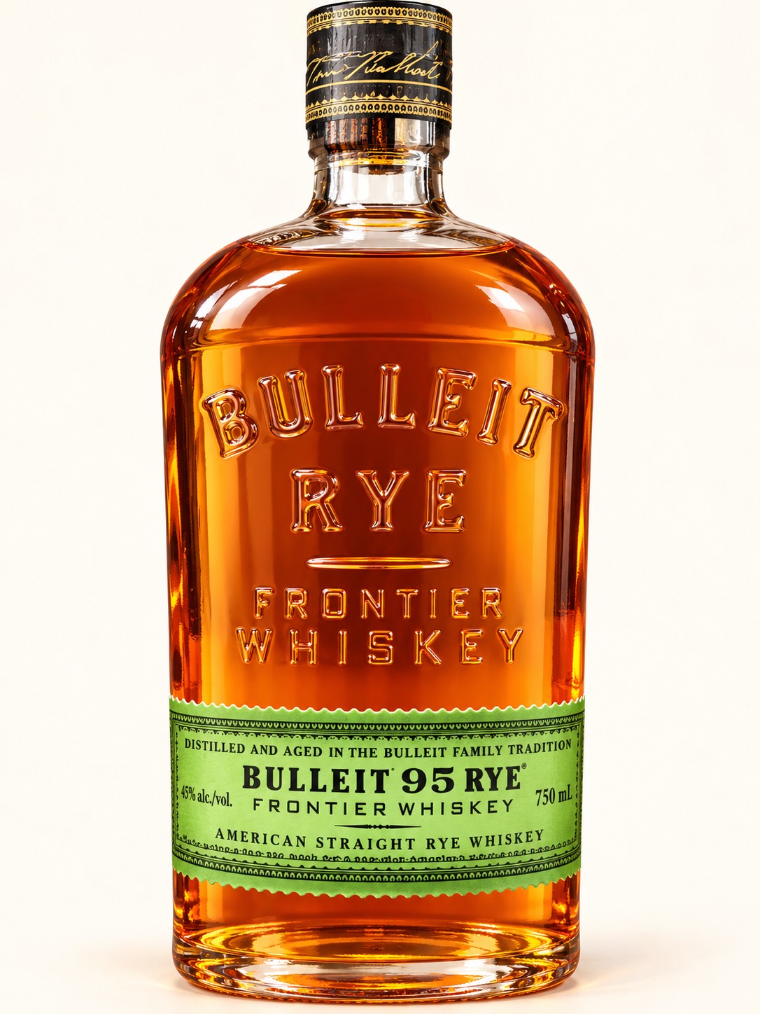 AI-retouched close view of Bulleit 95 Rye embossed glass and green front label