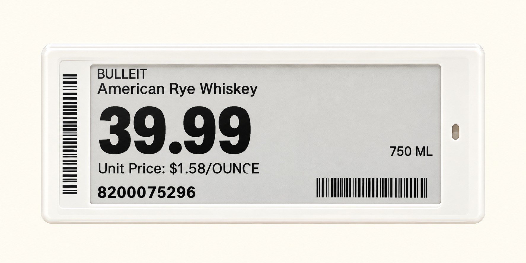 AI-retouched Bulleit American Rye Whiskey electronic shelf tag showing 39.99 dollars