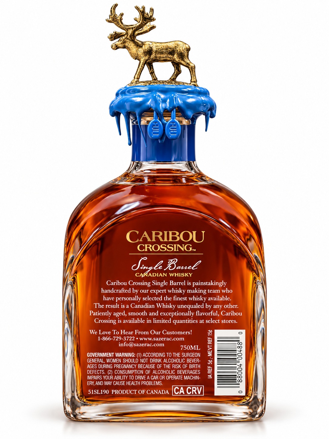 AI-retouched rear Caribou Crossing bottle with Canadian whisky wording, 750 ml and Product of Canada statement