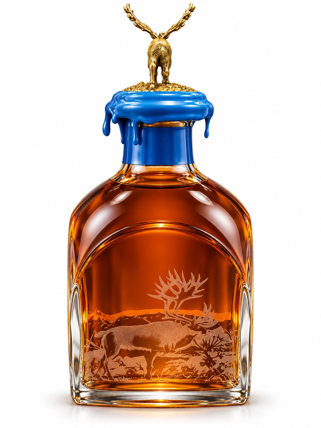 AI-retouched Caribou Crossing bottle showing the etched caribou landscape on the glass
