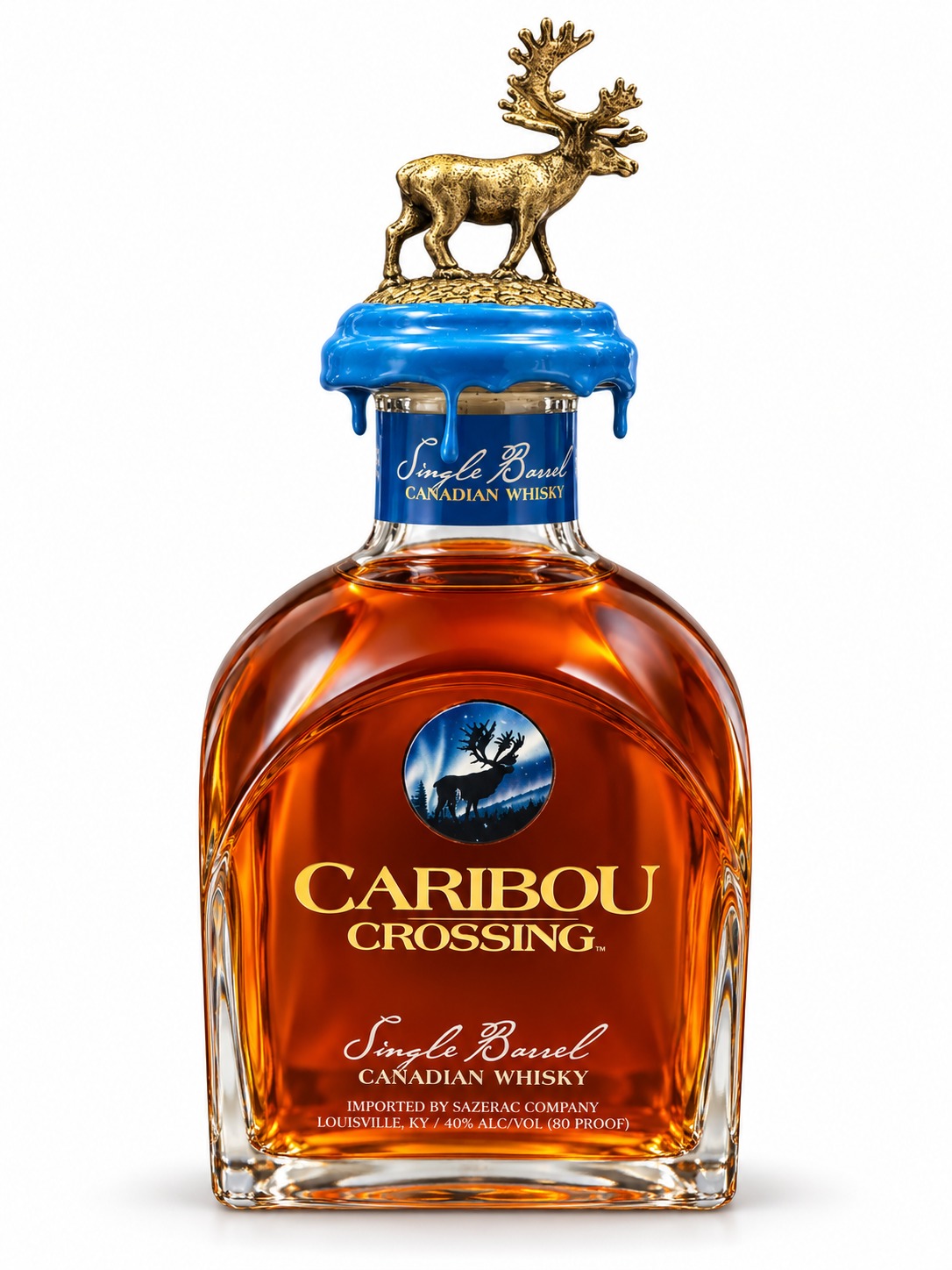 Cleaned Caribou Crossing Single Barrel bottle with gold caribou stopper and blue wax seal