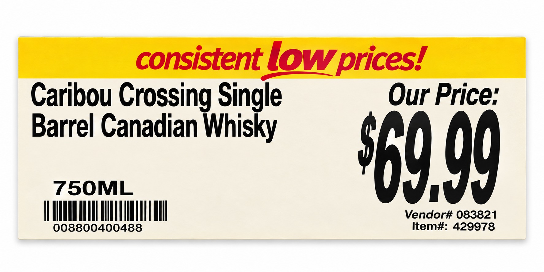 Cleaned Caribou Crossing Single Barrel Canadian Whisky tag showing 750 ml and 69.99 dollars