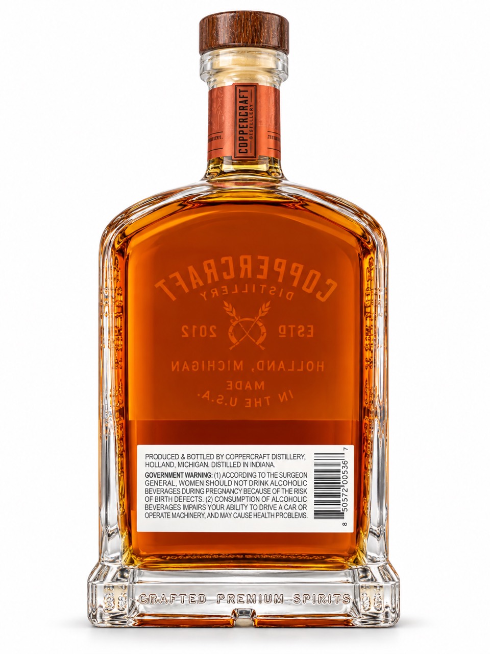 Coppercraft rear label stating produced and bottled in Holland Michigan and distilled in Indiana