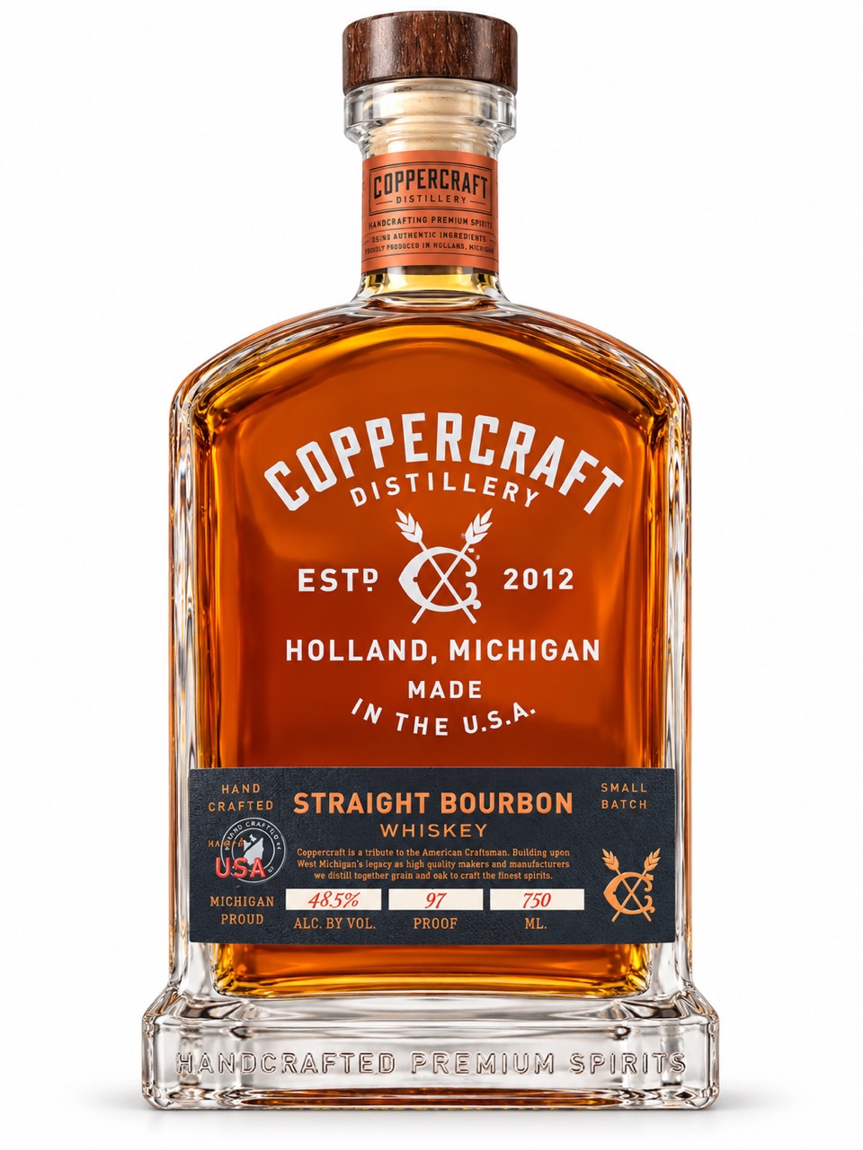 Coppercraft Straight Bourbon front showing Holland Michigan, 48.5 percent alcohol, 97 proof and 750 ml