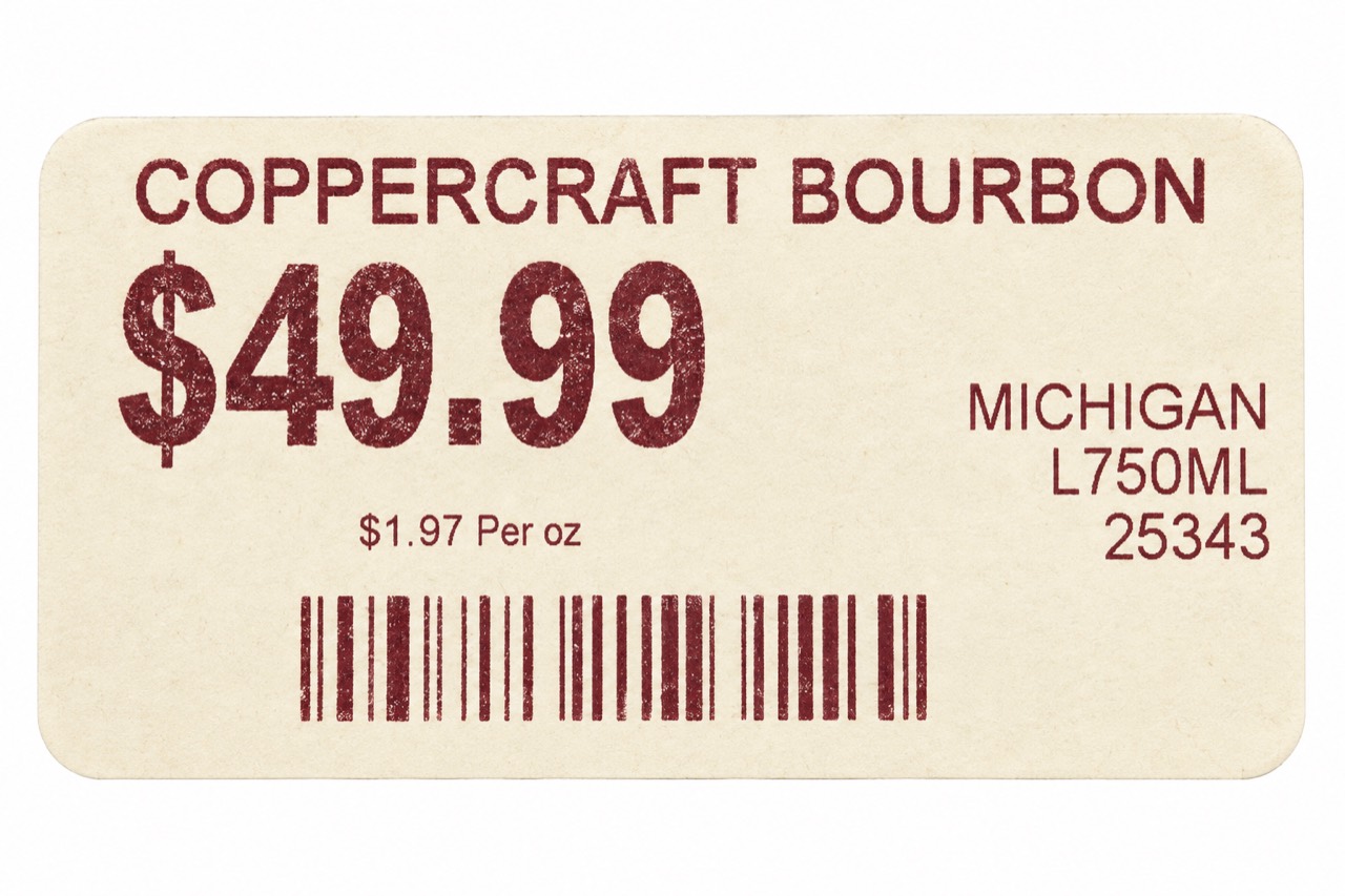 Coppercraft Bourbon shelf tag showing 49.99 and 750 ml