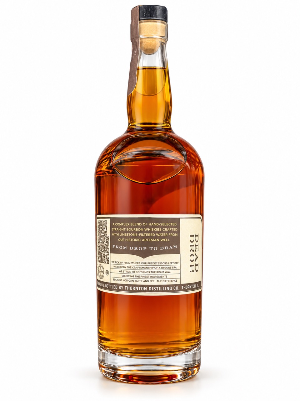Back of Dead Drop Bourbon with a blend description, artesian-well reference and Thornton Distilling Company identification