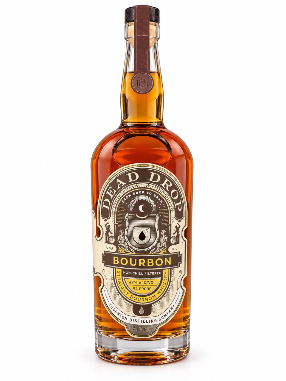 Dead Drop Straight Bourbon front label showing 47 percent alcohol, 94 proof, non-chill filtered and 750 ml