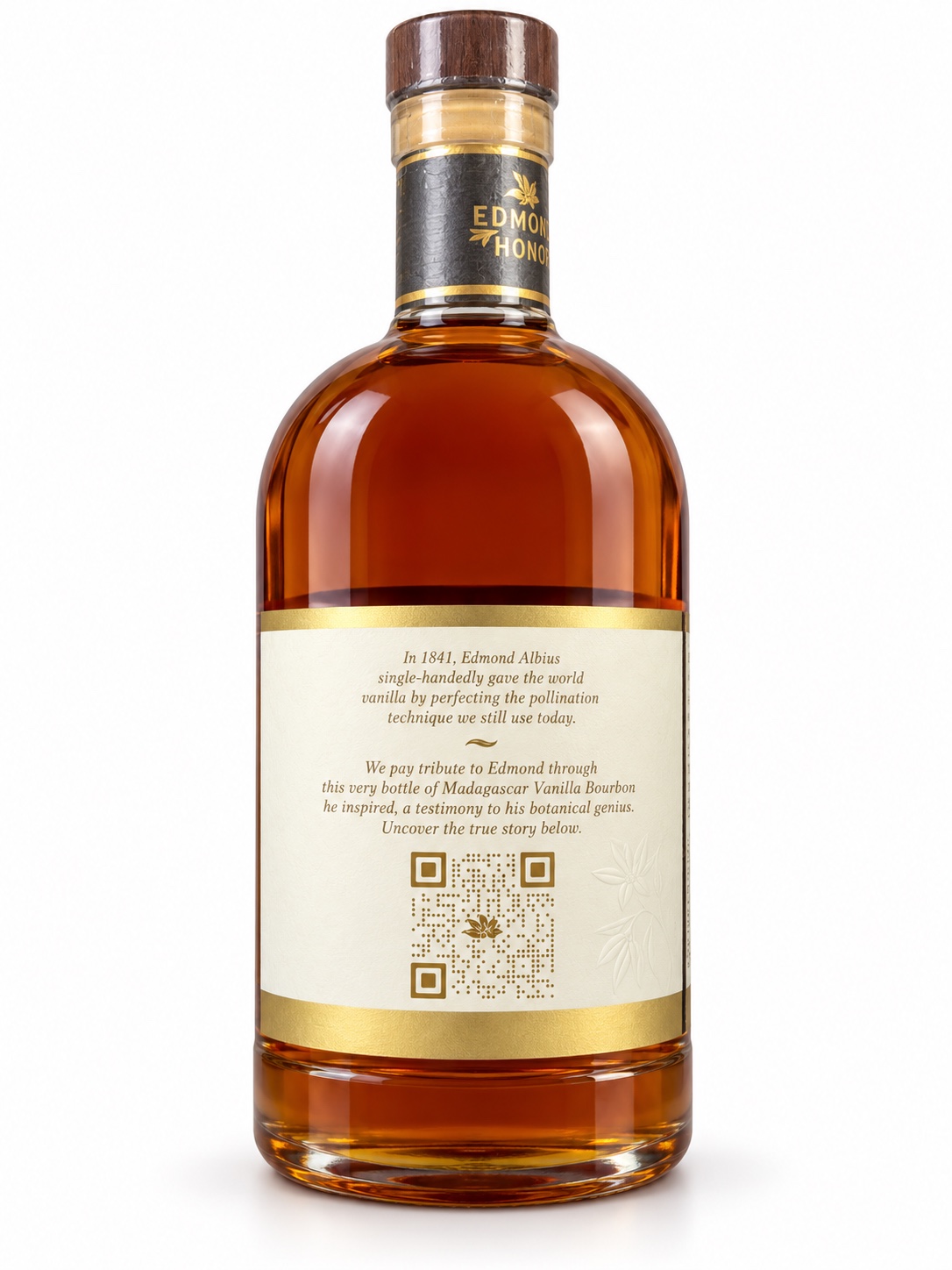 AI-retouched Edmond’s Honor rear bottle view showing the brand’s Edmond Albius story