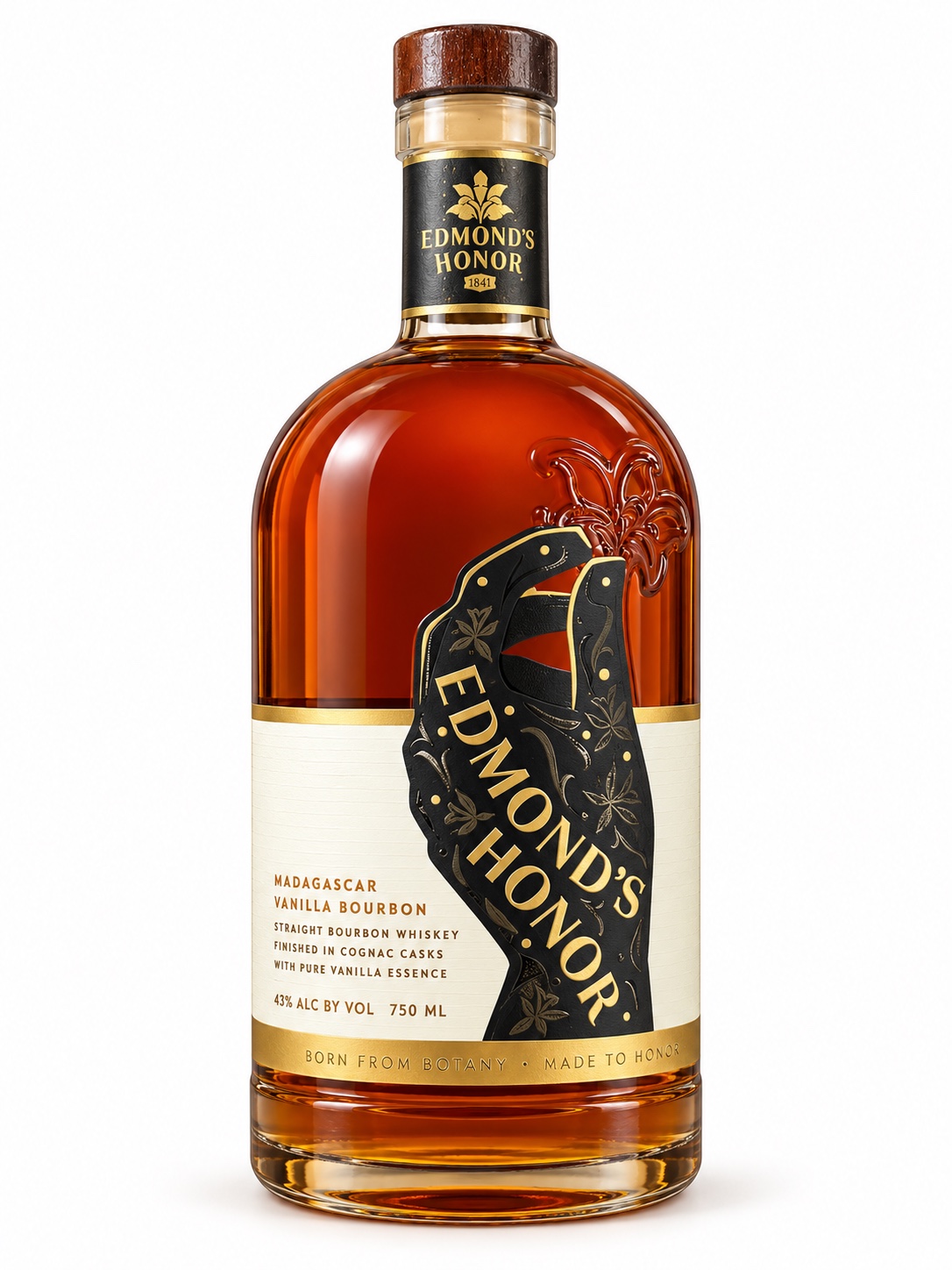 Edmond’s Honor bottle illustration showing Madagascar Vanilla Bourbon, Cognac-cask finishing, vanilla essence, 43 percent ABV and 750 ml