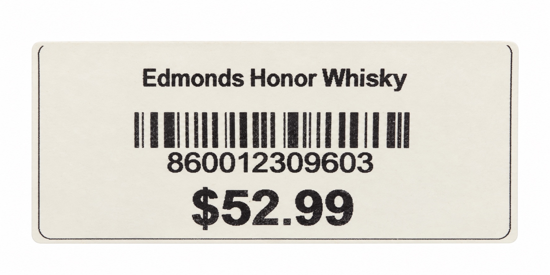 Cleaned Edmonds Honor Whisky shelf label showing a price of 52.99 dollars and product number 860012309603