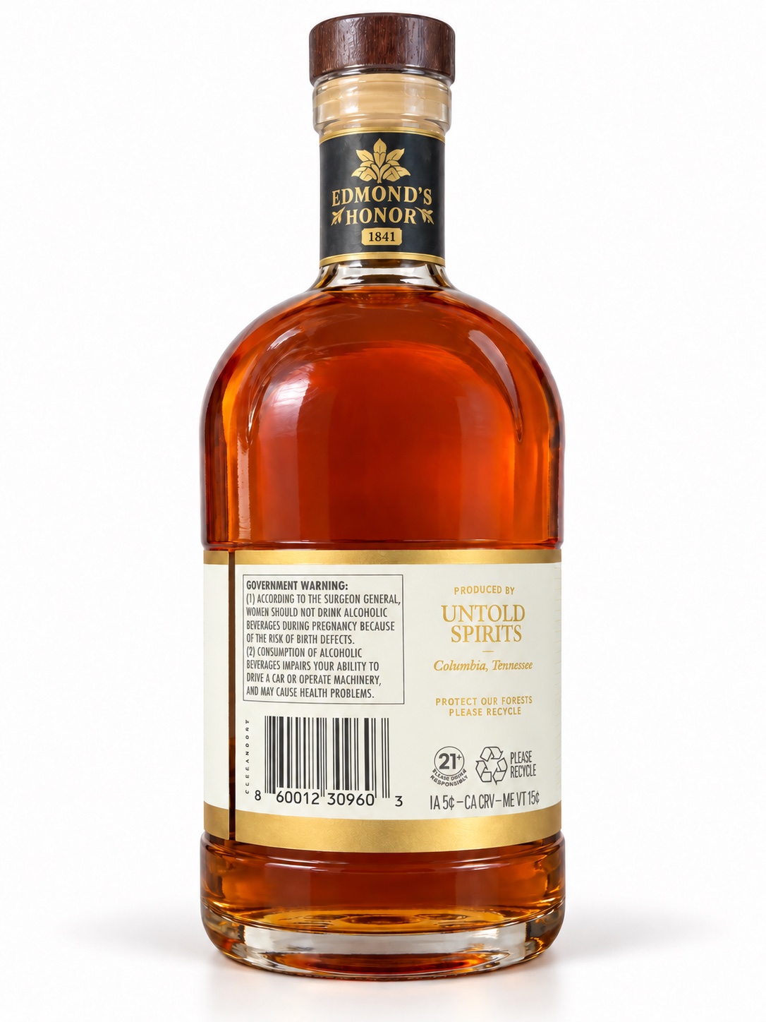 AI-retouched Edmond’s Honor side bottle view with Untold Spirits and Columbia Tennessee producer statement