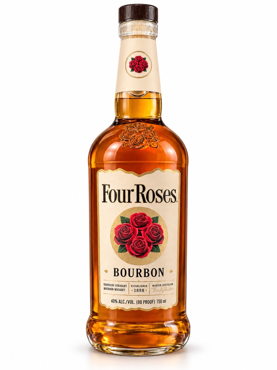 Four Roses Bourbon front label showing 40 percent alcohol, 80 proof and 750 ml