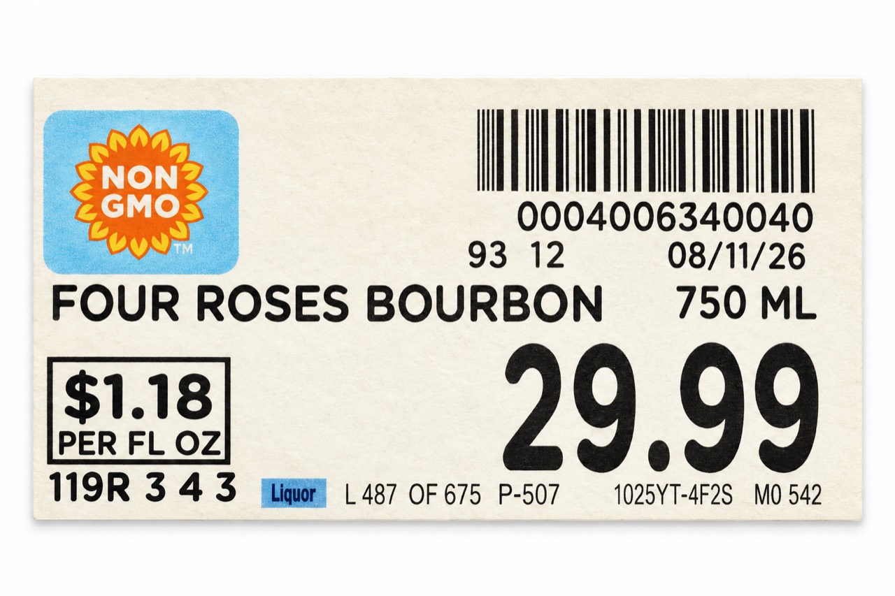 Four Roses Bourbon 750 ml shelf tag showing a price of 29.99